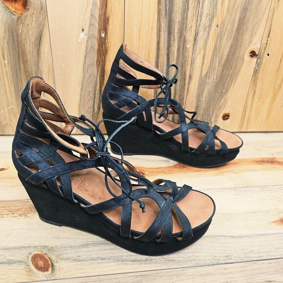 GENTLE SOULS for KENNETH COLE  Black Gladiator Platform Joy Wedge Sandals - Picture 5 of 8